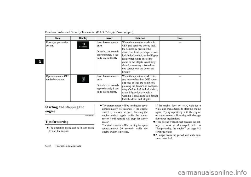MITSUBISHI ECLIPSE CROSS 2019 Owners Manual (in English) Free-hand Advanced Security Transmitter (F.A.S.T.-key) (if so equipped) 5-22 Features and controls
5
N00514601416
The operation mode can be in any mode to start the engine.
The starter motor MITSUBISHI ECLIPSE CROSS 2019 Owners Manual (in English) Free-hand Advanced Security Transmitter (F.A.S.T.-key) (if so equipped) 5-22 Features and controls
5
N00514601416
The operation mode can be in any mode to start the engine.
The starter motor