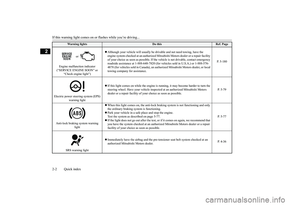 MITSUBISHI ECLIPSE CROSS 2019  Owners Manual (in English) If this warning light comes on or 
flashes while you’re driving... 
2-2 Quick index
2
 or  
Engine malfunction indicator  (“SERVICE ENGINE SOON” or  
“Check engine light”) 
 Although your