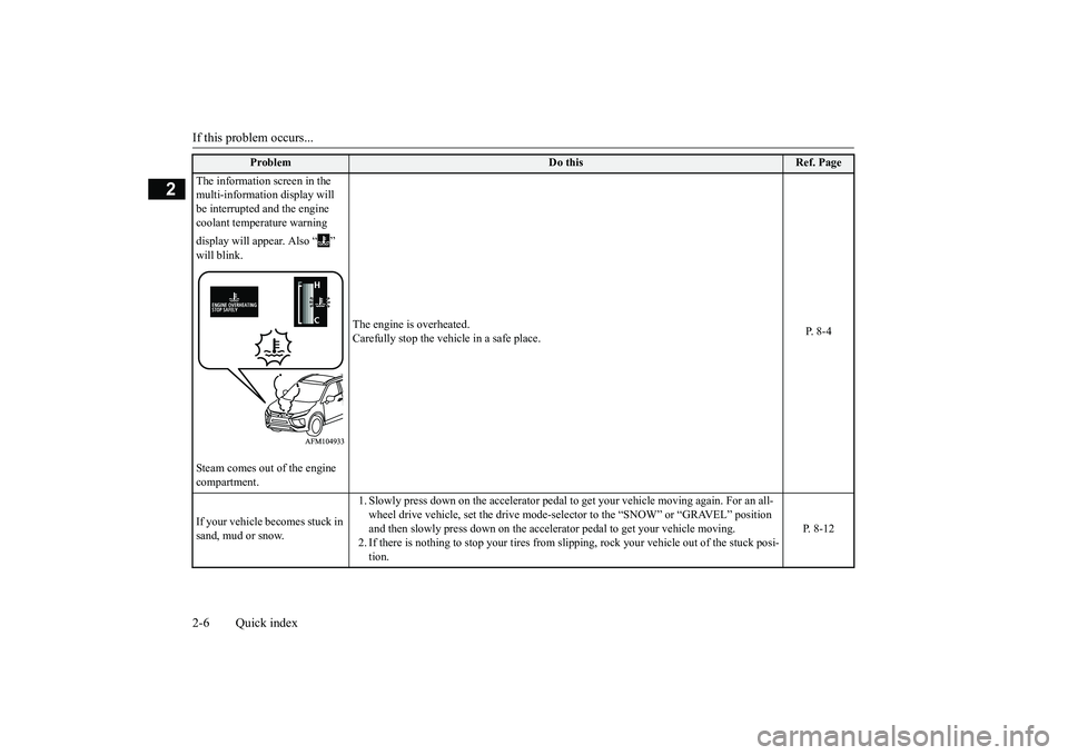 MITSUBISHI ECLIPSE CROSS 2019 (in English) User Guide If this problem occurs... 2-6 Quick index
2
Problem
Do this
Ref. Page
The information screen in the multi-information display will be interrupted and the engine coolant temperature warning display MITSUBISHI ECLIPSE CROSS 2019 (in English) User Guide If this problem occurs... 2-6 Quick index
2
Problem
Do this
Ref. Page
The information screen in the multi-information display will be interrupted and the engine coolant temperature warning display
