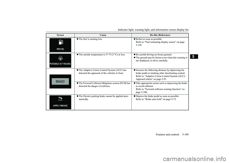 MITSUBISHI ECLIPSE CROSS 2019 Owners Manual (in English) Indicator light, warning light, an
d information screen display list Features and controls 5-169
5
The fuel is running low.
Refuel as soon as possible. Refer to “Fuel remaining display scree MITSUBISHI ECLIPSE CROSS 2019 Owners Manual (in English) Indicator light, warning light, an
d information screen display list Features and controls 5-169
5
The fuel is running low.
Refuel as soon as possible. Refer to “Fuel remaining display scree