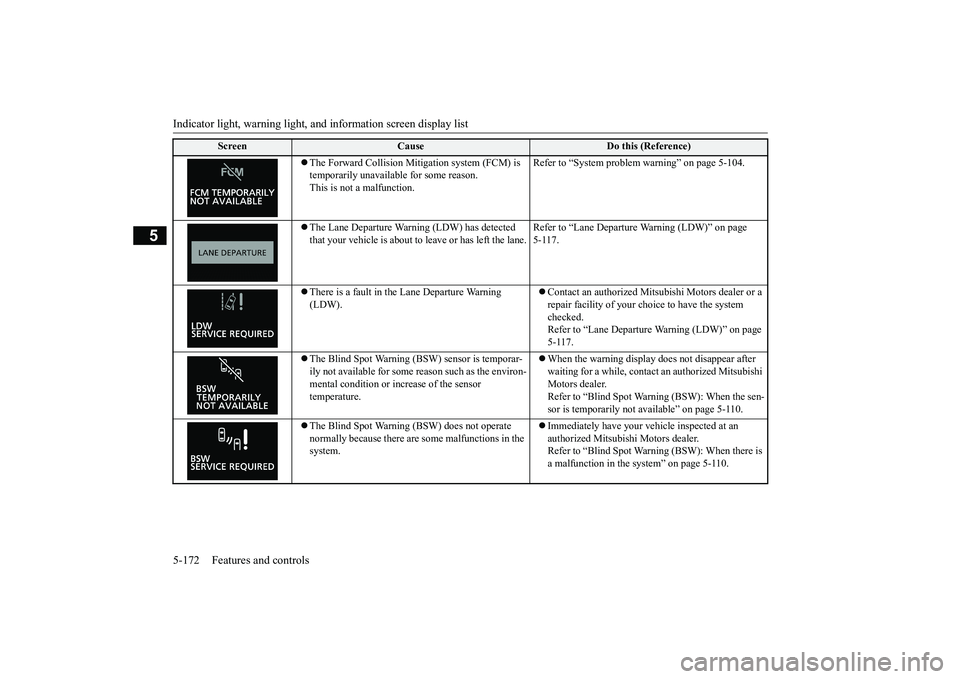 MITSUBISHI ECLIPSE CROSS 2019 (in English) Owners Guide Indicator light, warning light, an
d information screen display list
5-172 Features and controls
5
The Forward Collision Mitig
ation system (FCM) is
temporarily unavailable for some reason. Thi MITSUBISHI ECLIPSE CROSS 2019 (in English) Owners Guide Indicator light, warning light, an
d information screen display list
5-172 Features and controls
5
The Forward Collision Mitig
ation system (FCM) is
temporarily unavailable for some reason. Thi