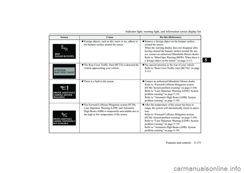 MITSUBISHI ECLIPSE CROSS 2019 (in English) Owners Guide Indicator light, warning light, an
d information screen display list Features and controls 5-173
5
Foreign objects, such as dirt, snow or ice, adhere to the bumper surface around the sensor.
MITSUBISHI ECLIPSE CROSS 2019 (in English) Owners Guide Indicator light, warning light, an
d information screen display list Features and controls 5-173
5
Foreign objects, such as dirt, snow or ice, adhere to the bumper surface around the sensor.
