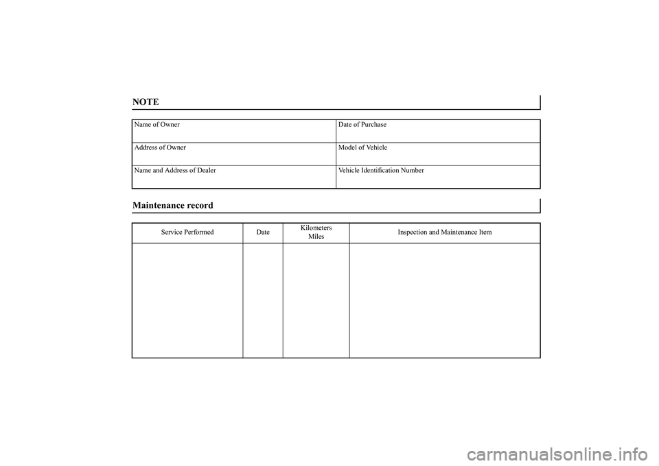 MITSUBISHI ECLIPSE CROSS 2019 Owners Manual (in English) NOTE Name of Owner Date of Purchase
Address of Owner Model of Vehicle
Name and Address of Dealer Vehicle Identification NumberMaintenance record
Service Performed DateKilometers
MilesInspection and M MITSUBISHI ECLIPSE CROSS 2019 Owners Manual (in English) NOTE Name of Owner Date of Purchase
Address of Owner Model of Vehicle
Name and Address of Dealer Vehicle Identification NumberMaintenance record
Service Performed DateKilometers
MilesInspection and M