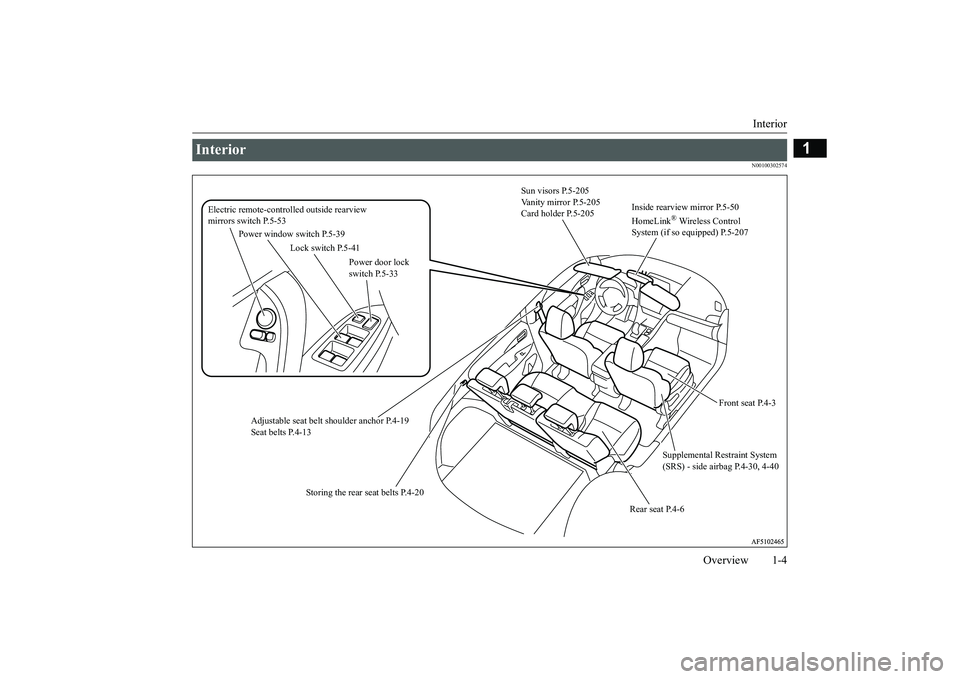MITSUBISHI ECLIPSE CROSS 2019 Owners Manual (in English) Interior
Overview 1-4
1
N00100302574
Interior
Sun visors P.5-205 Vanity mirror P.5-205 Card holder P.5-205
Supplemental Restraint System (SRS) - side airbag P.4-30, 4-40
Adjustable seat belt
sh MITSUBISHI ECLIPSE CROSS 2019 Owners Manual (in English) Interior
Overview 1-4
1
N00100302574
Interior
Sun visors P.5-205 Vanity mirror P.5-205 Card holder P.5-205
Supplemental Restraint System (SRS) - side airbag P.4-30, 4-40
Adjustable seat belt
sh