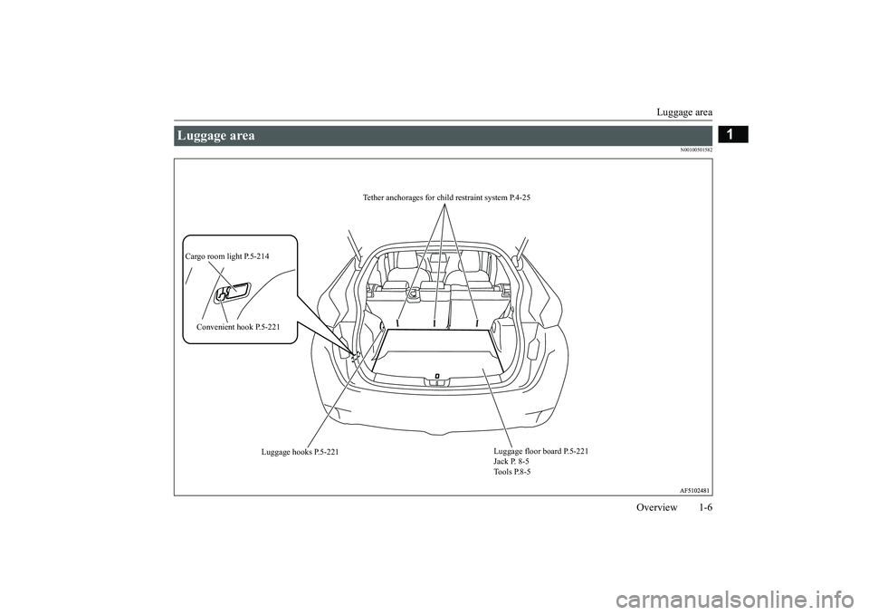 MITSUBISHI ECLIPSE CROSS 2019  Owners Manual (in English) Luggage area 
Overview 1-6
1
N00100501582
Luggage area 
Luggage floor board P.5-221 Jack P. 8-5 Tools P.8-5 
Luggage hooks P.5-221 
Tether anchorages for child 
 restraint system P.4-25 
Cargo room li