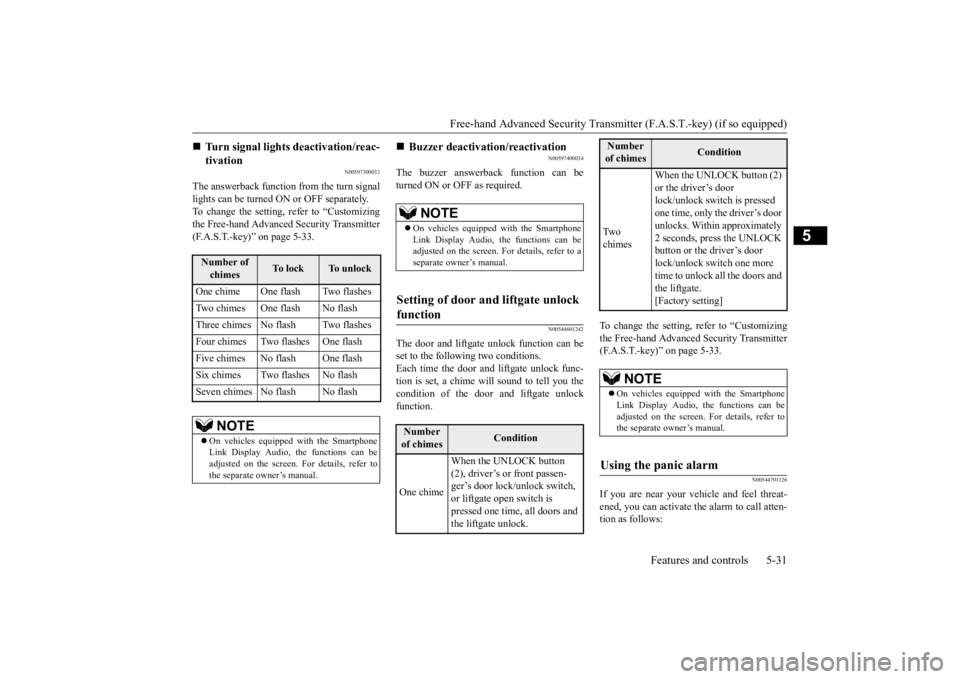 MITSUBISHI ECLIPSE CROSS 2020 Owners Manual (in English) Free-hand Advanced Security Transmit
ter (F.A.S.T.-key) (if so equipped)
Features and controls 5-31
5
N00597300033
The answerback function from the turn signal lights can be turned ON or OFF separate MITSUBISHI ECLIPSE CROSS 2020 Owners Manual (in English) Free-hand Advanced Security Transmit
ter (F.A.S.T.-key) (if so equipped)
Features and controls 5-31
5
N00597300033
The answerback function from the turn signal lights can be turned ON or OFF separate