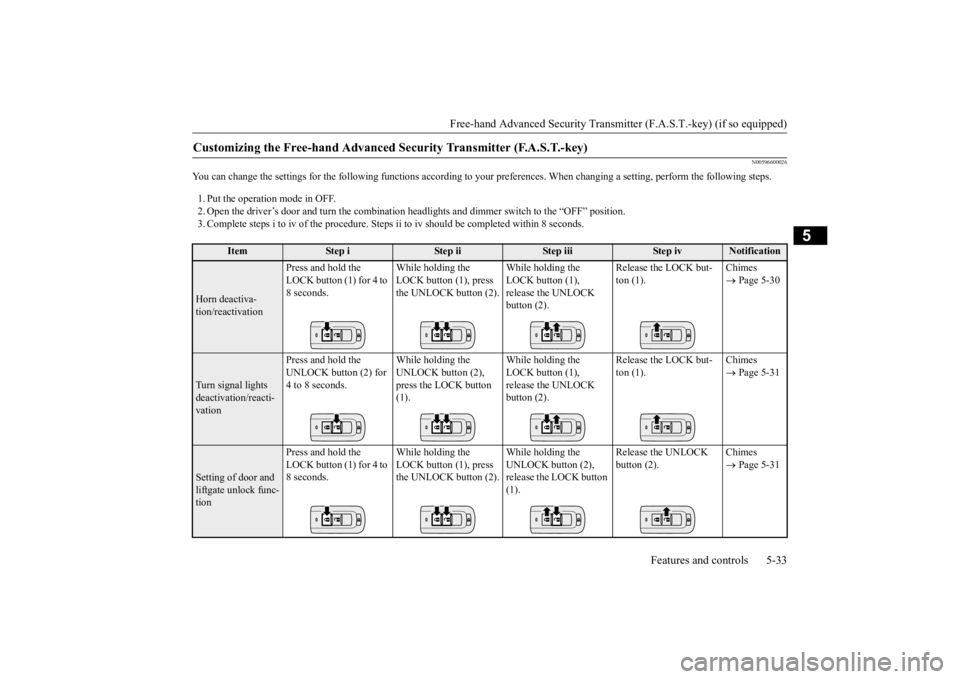 MITSUBISHI ECLIPSE CROSS 2020 Owners Manual (in English) Free-hand Advanced Security Transmit
ter (F.A.S.T.-key) (if so equipped)
Features and controls 5-33
5
N00596600026
You can change the settings for the following functions accordi
ng to your preferen MITSUBISHI ECLIPSE CROSS 2020 Owners Manual (in English) Free-hand Advanced Security Transmit
ter (F.A.S.T.-key) (if so equipped)
Features and controls 5-33
5
N00596600026
You can change the settings for the following functions accordi
ng to your preferen