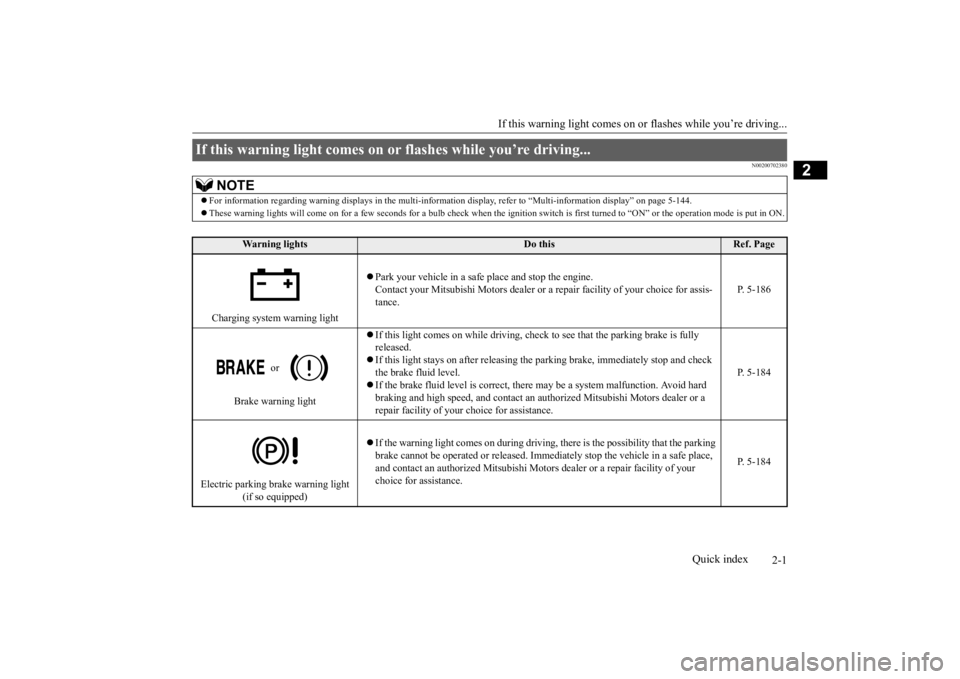 MITSUBISHI ECLIPSE CROSS 2020  Owners Manual (in English) 2-1
2
If this warning light comes on or
 flashes while you’re driving...
Quick index
N00200702380
If this warning light comes on or flashes while you’re driving... 
NOTE
For information regardi