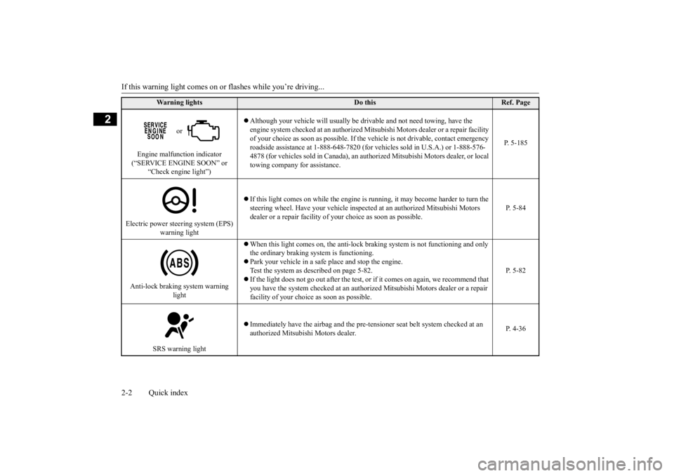 MITSUBISHI ECLIPSE CROSS 2020  Owners Manual (in English) If this warning light comes on or 
flashes while you’re driving... 
2-2 Quick index
2
 or  
Engine malfunction indicator  (“SERVICE ENGINE SOON” or  
“Check engine light”) 
 Although your