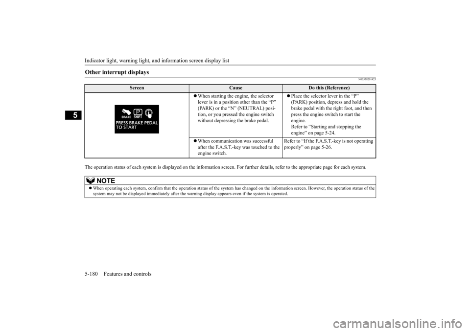 MITSUBISHI ECLIPSE CROSS 2020 Owners Manual (in English) Indicator light, warning light, an
d information screen display list
5-180 Features and controls
5
N00558201425
The operation status of each system is displayed on the informa
tion screen. For furth MITSUBISHI ECLIPSE CROSS 2020 Owners Manual (in English) Indicator light, warning light, an
d information screen display list
5-180 Features and controls
5
N00558201425
The operation status of each system is displayed on the informa
tion screen. For furth