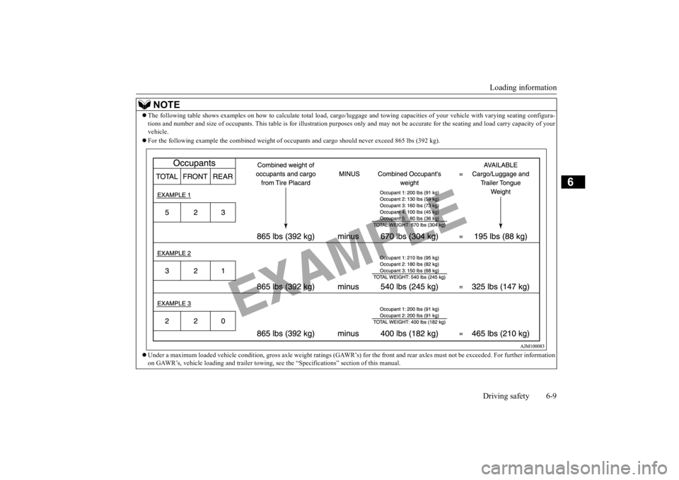 MITSUBISHI ECLIPSE CROSS 2020 (in English) User Guide Loading information Driving safety 6-9
6
NOTE
The following table shows examples on how to calculate total lo
ad, cargo/luggage and towing capaciti
es of your vehicle with var
ying seating configu MITSUBISHI ECLIPSE CROSS 2020 (in English) User Guide Loading information Driving safety 6-9
6
NOTE
The following table shows examples on how to calculate total lo
ad, cargo/luggage and towing capaciti
es of your vehicle with var
ying seating configu