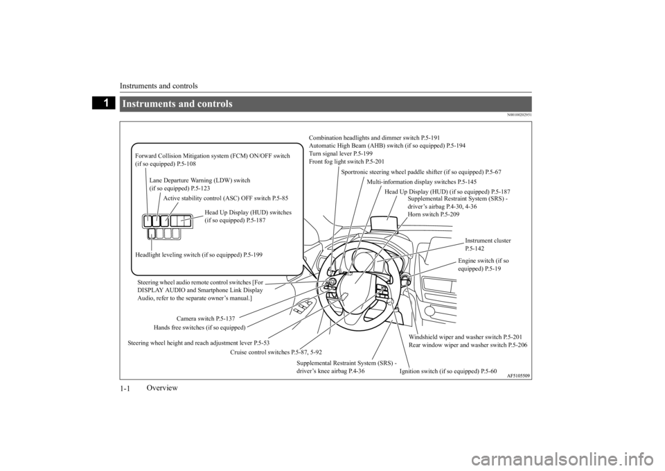 MITSUBISHI ECLIPSE CROSS 2020  Owners Manual (in English) Instruments and controls 1-1
1
Overview
N00100202951
Instruments and controls 
Combination headlights an 
d dimmer switch P.5-191 
Automatic High Beam (AHB) sw 
itch (if so equipped) P.5-194 
Turn sig