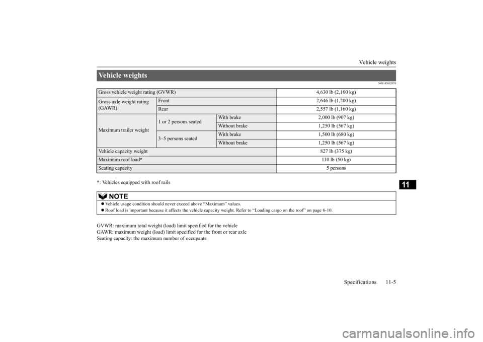 MITSUBISHI ECLIPSE CROSS 2020  Owners Manual (in English) Vehicle weights 
Specifications 11-5
11
N01147602070
* : Vehicles equipped with roof rails GVWR: maximum total weight (load) limit specified for the vehicle GAWR: maximum weight (load) limit sp 
ecifi