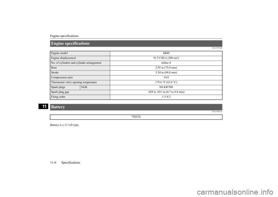 MITSUBISHI ECLIPSE CROSS 2020  Owners Manual (in English) Engine specifications 11-6 Specifications
11
N01147701609 N01147801365
Battery is a 12 volt type.Engine specifications Engine model 
4B40
Engine displacement 91.5 CID (1,500 cm³)No. of cylinders and 