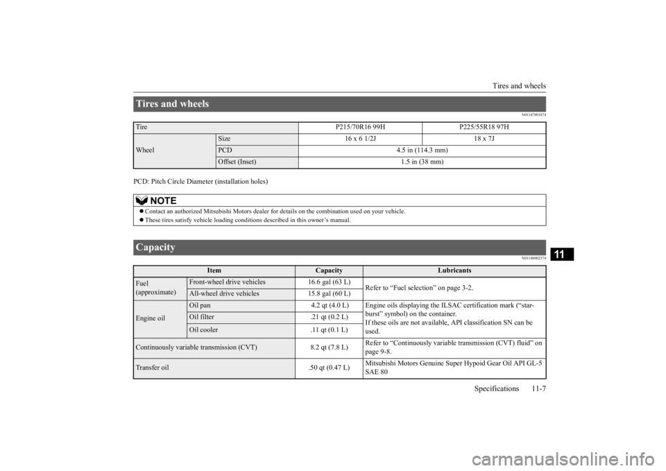 MITSUBISHI ECLIPSE CROSS 2020  Owners Manual (in English) Tires and wheels 
Specifications 11-7
11
N01147901874
PCD: Pitch Circle Diameter (installation holes)
N01148002374
Tires and wheels Tire P215/70R16 99H P225/55R18 97HWheel
Size 16 x 6 1/2J 18 x 7JPCD 