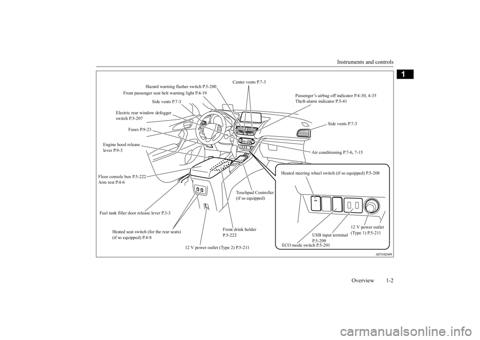 MITSUBISHI ECLIPSE CROSS 2020 Owners Manual (in English) Instruments and controls
Overview 1-2
1
Hazard warning flasher switch P.5-200
Electric rear window defogger switch P.5-207
Fuel tank filler door release lever P.3-3 Engine hood release lever P.9- MITSUBISHI ECLIPSE CROSS 2020 Owners Manual (in English) Instruments and controls
Overview 1-2
1
Hazard warning flasher switch P.5-200
Electric rear window defogger switch P.5-207
Fuel tank filler door release lever P.3-3 Engine hood release lever P.9-