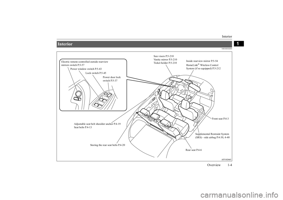 MITSUBISHI ECLIPSE CROSS 2020  Owners Manual (in English) Interior 
Overview 1-4
1
N00100302604
Interior 
Sun visors P.5-210 Vanity mirror P.5-210 Ticket holder P.5-210 
Supplemental Restraint System  (SRS) - side airbag P.4-30, 4-40 
Adjustable seat belt  
