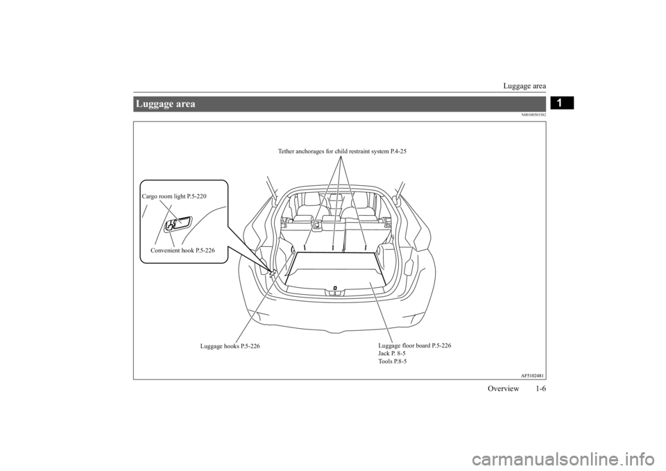 MITSUBISHI ECLIPSE CROSS 2020 Owners Manual (in English) Luggage area
Overview 1-6
1
N00100501582
Luggage area
Luggage floor board P.5-226 Jack P. 8-5 Tools P.8-5
Luggage hooks P.5-226
Tether anchorages for child
restraint system P.4-25
Cargo room li MITSUBISHI ECLIPSE CROSS 2020 Owners Manual (in English) Luggage area
Overview 1-6
1
N00100501582
Luggage area
Luggage floor board P.5-226 Jack P. 8-5 Tools P.8-5
Luggage hooks P.5-226
Tether anchorages for child
restraint system P.4-25
Cargo room li