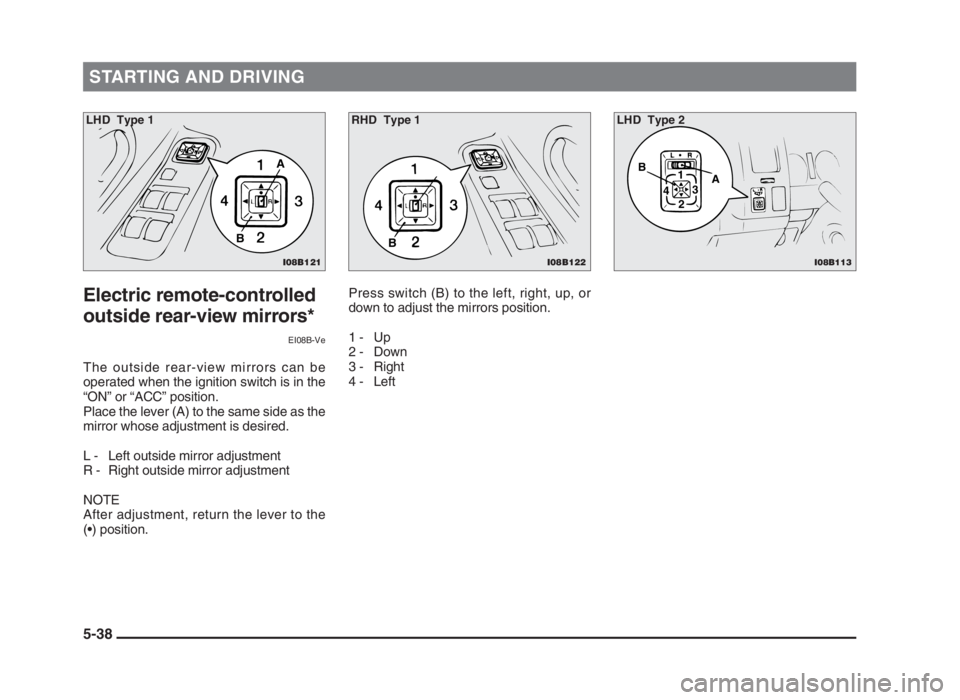 MITSUBISHI L200 2004 Owners Manual (in English) STARTING AND DRIVING
5-38
Electric remote-controlled
outside rear-view mirrors*
EI08B-Ve
The outside rear-view mirrors can be
operated when the ignition switch is in the
“ON” or “ACC” position MITSUBISHI L200 2004 Owners Manual (in English) STARTING AND DRIVING
5-38
Electric remote-controlled
outside rear-view mirrors*
EI08B-Ve
The outside rear-view mirrors can be
operated when the ignition switch is in the
“ON” or “ACC” position