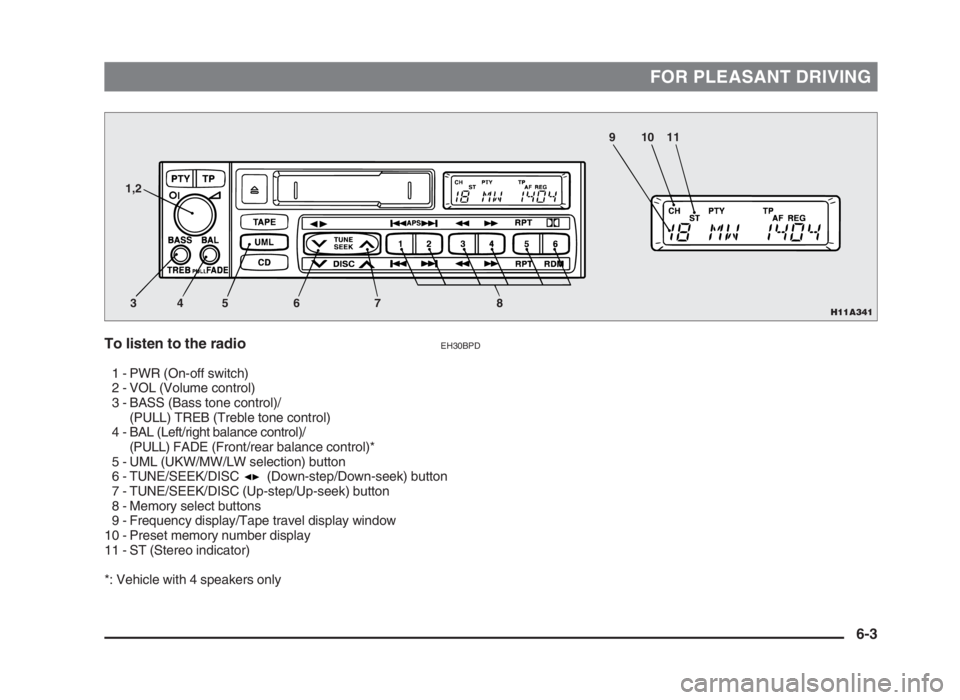 MITSUBISHI L200 2004 Owners Manual (in English) FOR PLEASANT DRIVING
To listen to the radioEH30BPD
1 - PWR (On-off switch)
2 - VOL (Volume control)
3 - BASS (Bass tone control)/
(PULL) TREB (Treble tone control)
4 - BAL (Left/right balance control) MITSUBISHI L200 2004 Owners Manual (in English) FOR PLEASANT DRIVING
To listen to the radioEH30BPD
1 - PWR (On-off switch)
2 - VOL (Volume control)
3 - BASS (Bass tone control)/
(PULL) TREB (Treble tone control)
4 - BAL (Left/right balance control)