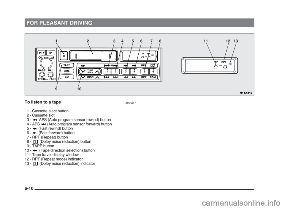 MITSUBISHI L200 2004 Owners Manual (in English) FOR PLEASANT DRIVING
To listen to a tapeEH30D-F
1 - Cassette eject button
2 - Cassette slot
3 - APS (Auto program sensor rewind) button
4 - APS (Auto program sensor forward) button
5 - (Fast rewind) MITSUBISHI L200 2004 Owners Manual (in English) FOR PLEASANT DRIVING
To listen to a tapeEH30D-F
1 - Cassette eject button
2 - Cassette slot
3 - APS (Auto program sensor rewind) button
4 - APS (Auto program sensor forward) button
5 - (Fast rewind)