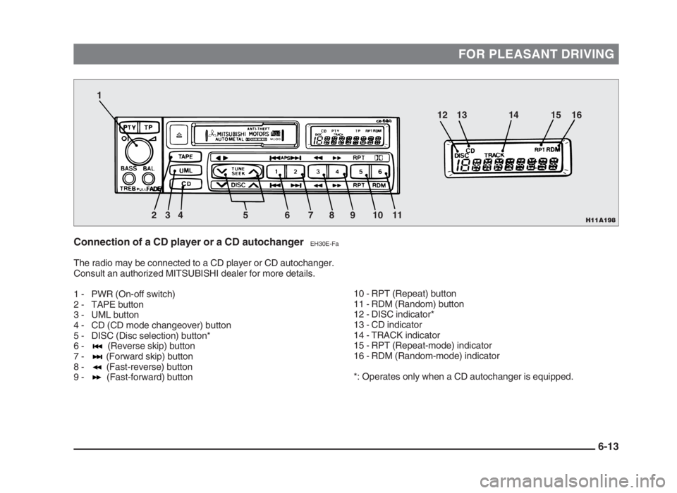 MITSUBISHI L200 2004 Owners Manual (in English) FOR PLEASANT DRIVING
Connection of a CD player or a CD autochangerEH30E-Fa
The radio may be connected to a CD player or CD autochanger.
Consult an authorized MITSUBISHI dealer for more details.
1 - PW MITSUBISHI L200 2004 Owners Manual (in English) FOR PLEASANT DRIVING
Connection of a CD player or a CD autochangerEH30E-Fa
The radio may be connected to a CD player or CD autochanger.
Consult an authorized MITSUBISHI dealer for more details.
1 - PW