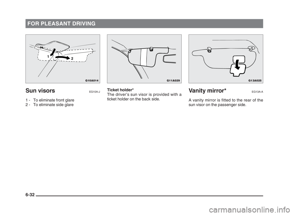 MITSUBISHI L200 2004 Owners Manual (in English) FOR PLEASANT DRIVING
Sun visorsEG10A-J
1 - To eliminate front glare
2 - To eliminate side glareTicket holder*
The driver’s sun visor is provided with a
ticket holder on the back side.
Vanity mirror* MITSUBISHI L200 2004 Owners Manual (in English) FOR PLEASANT DRIVING
Sun visorsEG10A-J
1 - To eliminate front glare
2 - To eliminate side glareTicket holder*
The driver’s sun visor is provided with a
ticket holder on the back side.
Vanity mirror*