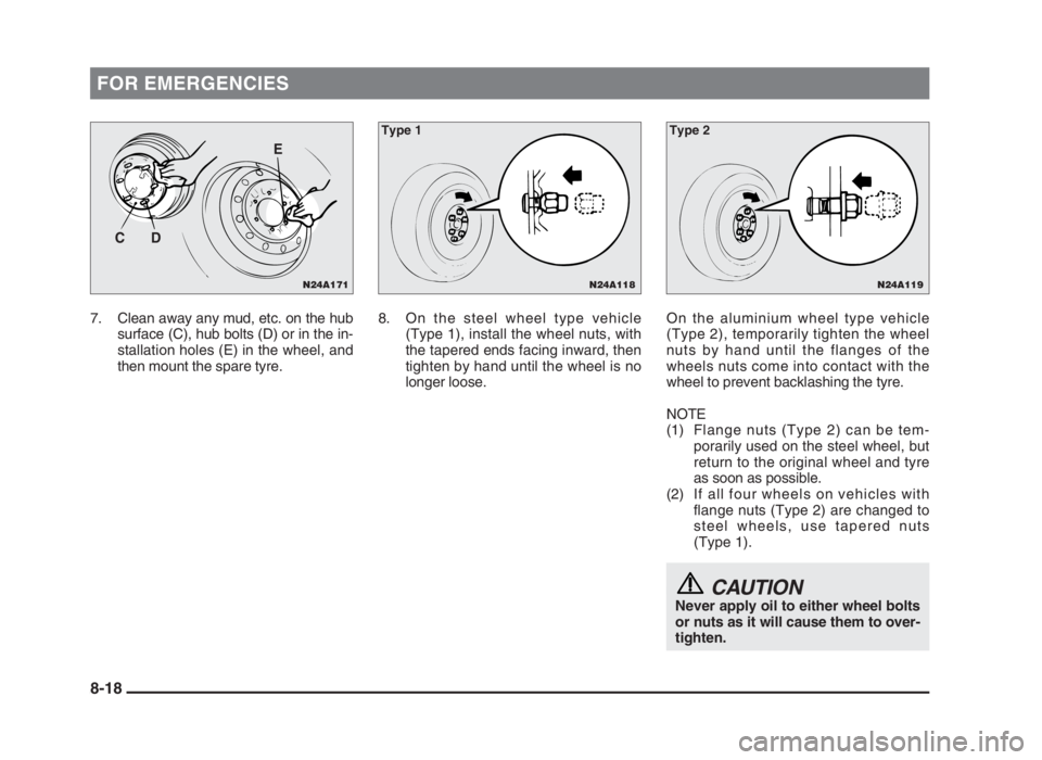 MITSUBISHI L200 2004 Owners Manual (in English) FOR EMERGENCIES
7. Clean away any mud, etc. on the hub
surface (C), hub bolts (D) or in the in-
stallation holes (E) in the wheel, and
then mount the spare tyre.8. On the steel wheel type vehicle
(Typ MITSUBISHI L200 2004 Owners Manual (in English) FOR EMERGENCIES
7. Clean away any mud, etc. on the hub
surface (C), hub bolts (D) or in the in-
stallation holes (E) in the wheel, and
then mount the spare tyre.8. On the steel wheel type vehicle
(Typ