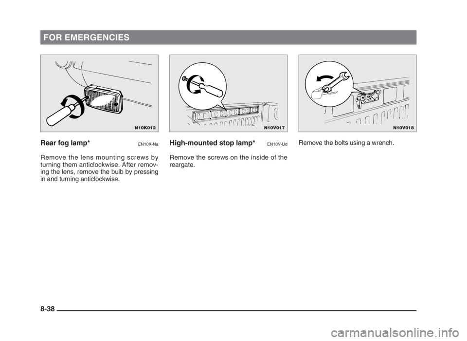 MITSUBISHI L200 2004 Owners Manual (in English) FOR EMERGENCIES
Rear fog lamp*EN10K-Na
Remove the lens mounting screws by
turning them anticlockwise. After remov-
ing the lens, remove the bulb by pressing
in and turning anticlockwise.
High-mounted MITSUBISHI L200 2004 Owners Manual (in English) FOR EMERGENCIES
Rear fog lamp*EN10K-Na
Remove the lens mounting screws by
turning them anticlockwise. After remov-
ing the lens, remove the bulb by pressing
in and turning anticlockwise.
High-mounted