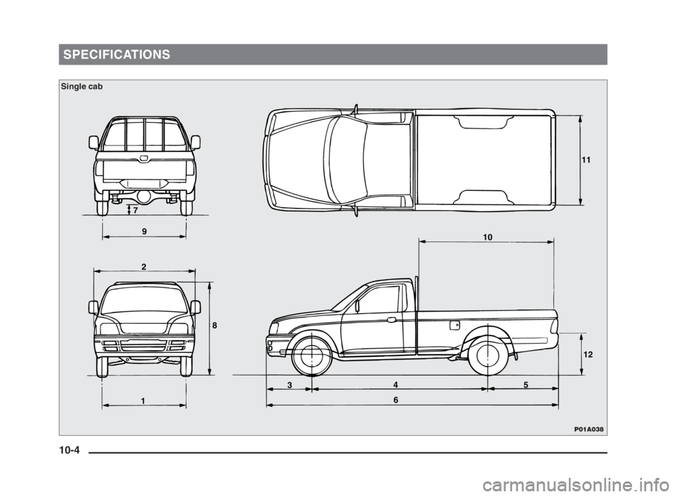MITSUBISHI L200 2004  Owners Manual (in English) SPECIFICATIONS
P01A038
7
911
10
12
5 4
6 3 2
8
1
10-4
Single cab
10engL2_240082_4  22-01-2004  13:14  Page 10-4 