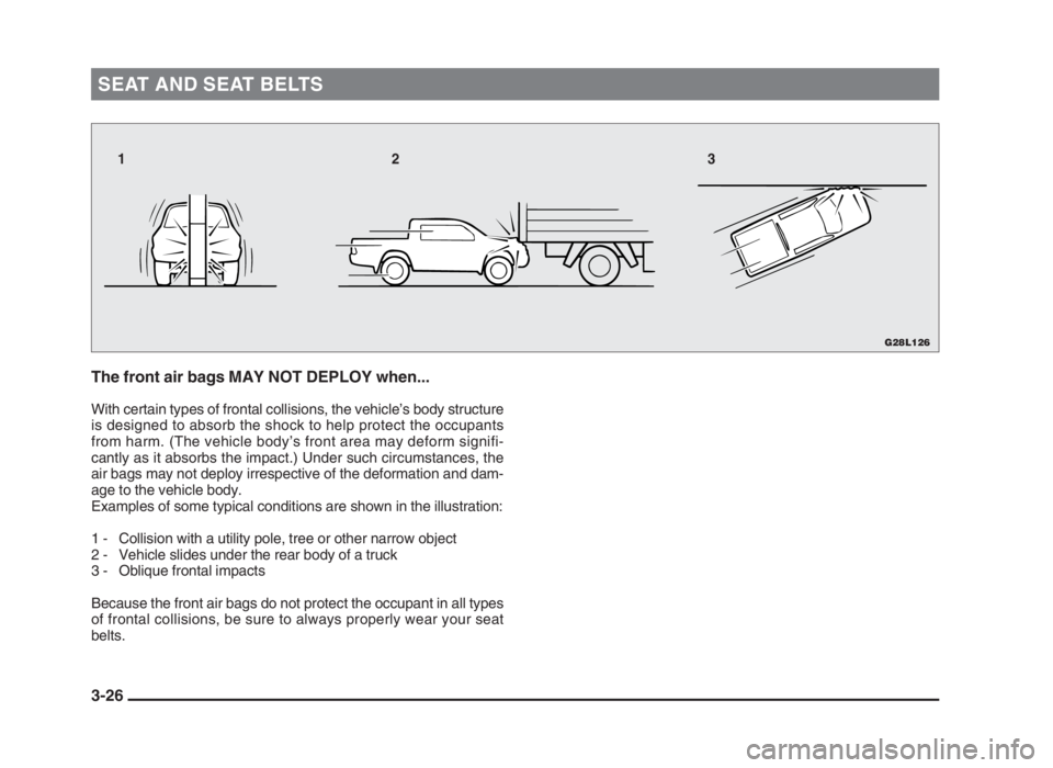 MITSUBISHI L200 2004   (in English) Workshop Manual SEAT AND SEAT BELTS
3-26 The front air bags MAY NOT DEPLOY when...
With certain types of frontal collisions, the vehicle’s body structure
is designed to absorb the shock to help protect the occupant