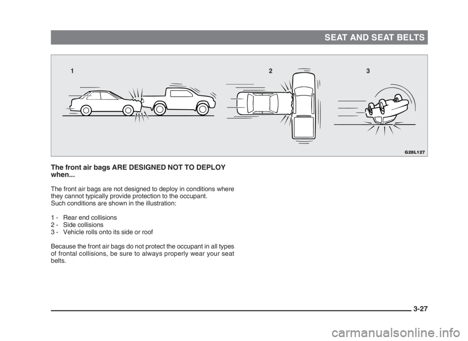 MITSUBISHI L200 2004   (in English) Workshop Manual SEAT AND SEAT BELTS
3-27 The front air bags ARE DESIGNED NOT TO DEPLOY
when...
The front air bags are not designed to deploy in conditions where
they cannot typically provide protection to the occupan