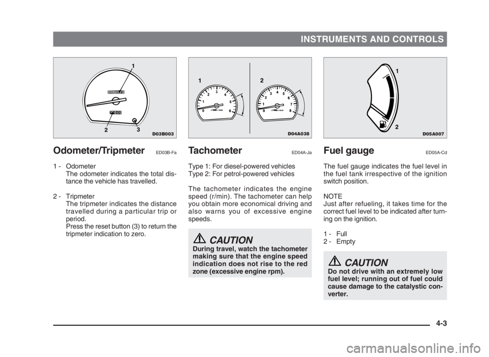MITSUBISHI L200 2004 (in English) Repair Manual INSTRUMENTS AND CONTROLS
Odometer/TripmeterED03B-Fa
1 - Odometer
The odometer indicates the total dis-
tance the vehicle has travelled.
2 - Tripmeter
The tripmeter indicates the distance
travelled dur MITSUBISHI L200 2004 (in English) Repair Manual INSTRUMENTS AND CONTROLS
Odometer/TripmeterED03B-Fa
1 - Odometer
The odometer indicates the total dis-
tance the vehicle has travelled.
2 - Tripmeter
The tripmeter indicates the distance
travelled dur