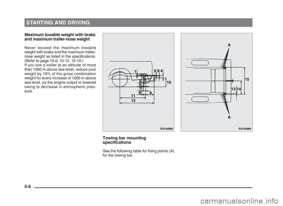 MITSUBISHI L200 2004 (in English) Owners Manual STARTING AND DRIVING
5-8 Maximum towable weight with brake
and maximum trailer-nose weight
Never exceed the maximum towable
weight with brake and the maximum trailer-
nose weight as listed in the spec MITSUBISHI L200 2004 (in English) Owners Manual STARTING AND DRIVING
5-8 Maximum towable weight with brake
and maximum trailer-nose weight
Never exceed the maximum towable
weight with brake and the maximum trailer-
nose weight as listed in the spec