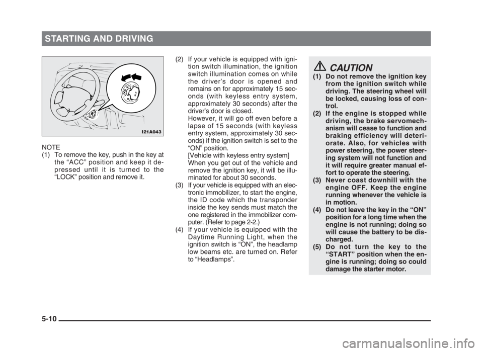 MITSUBISHI L200 2004 (in English) Owners Manual STARTING AND DRIVING
5-10
NOTE
(1) To remove the key, push in the key at
the “ACC” position and keep it de-
pressed until it is turned to the
“LOCK” position and remove it.(2) If your vehicle MITSUBISHI L200 2004 (in English) Owners Manual STARTING AND DRIVING
5-10
NOTE
(1) To remove the key, push in the key at
the “ACC” position and keep it de-
pressed until it is turned to the
“LOCK” position and remove it.(2) If your vehicle