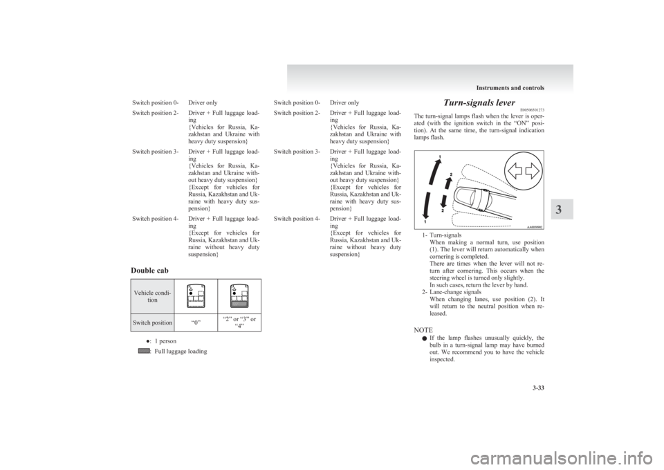 MITSUBISHI L200 2011  Owners Manual (in English) Switch position 0-Driver onlySwitch position 2-Driver  +  Full  luggage  load-
ing
{ Vehicles  for  Russia,  Ka-
zakhstan  and  Ukraine  with
heavy duty suspension}Switch position 3-Driver  +  Full  l