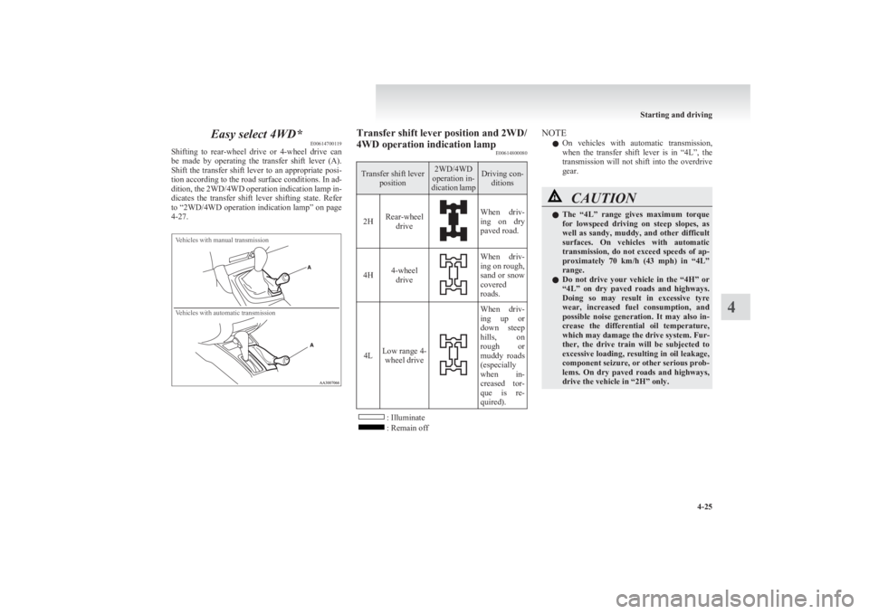 MITSUBISHI L200 2011  Owners Manual (in English) Easy select 4WD*E00614700119
Shifting  to  rear-wheel  drive  or  4-wheel  drive  can
be  made  by  operating  the  transfer  shift  lever  (A).
Shift the transfer shift lever to an appropriate posi-
