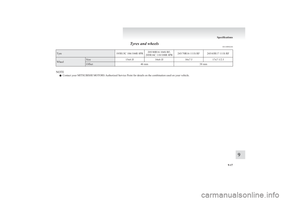 MITSUBISHI L200 2011  Owners Manual (in English) Tyres and wheelsE01100902204Tyre195R15C 106/104R 8PR205/80R16 104S RF,
205R16C 110/108R 8PR245/70R16 111S RF245/65R17 111S RFWheelSize15x6 JJ16x6 JJ16x7 J17x7 1/2 JOffset46 mm38 mm
NOTE
l Contact your