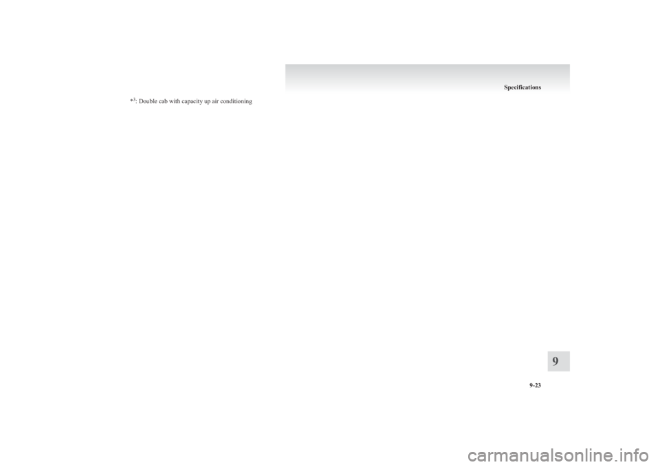 MITSUBISHI L200 2011  Owners Manual (in English) *3
: Double cab with capacity up air conditioning
Specifications
9-23
9 