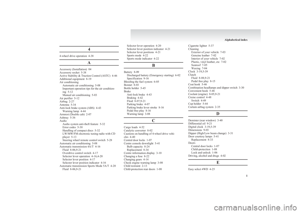 MITSUBISHI L200 2011 Owners Manual (in English) 4
4-wheel drive operation 4-38A
Accessory (Installation) 04
Accessory socket 5-38
Active Stability & Traction Control (ASTC) 4-46
Additional equipment 8-19
Air conditioning Automatic air conditio MITSUBISHI L200 2011 Owners Manual (in English) 4
4-wheel drive operation 4-38A
Accessory (Installation) 04
Accessory socket 5-38
Active Stability & Traction Control (ASTC) 4-46
Additional equipment 8-19
Air conditioning Automatic air conditio