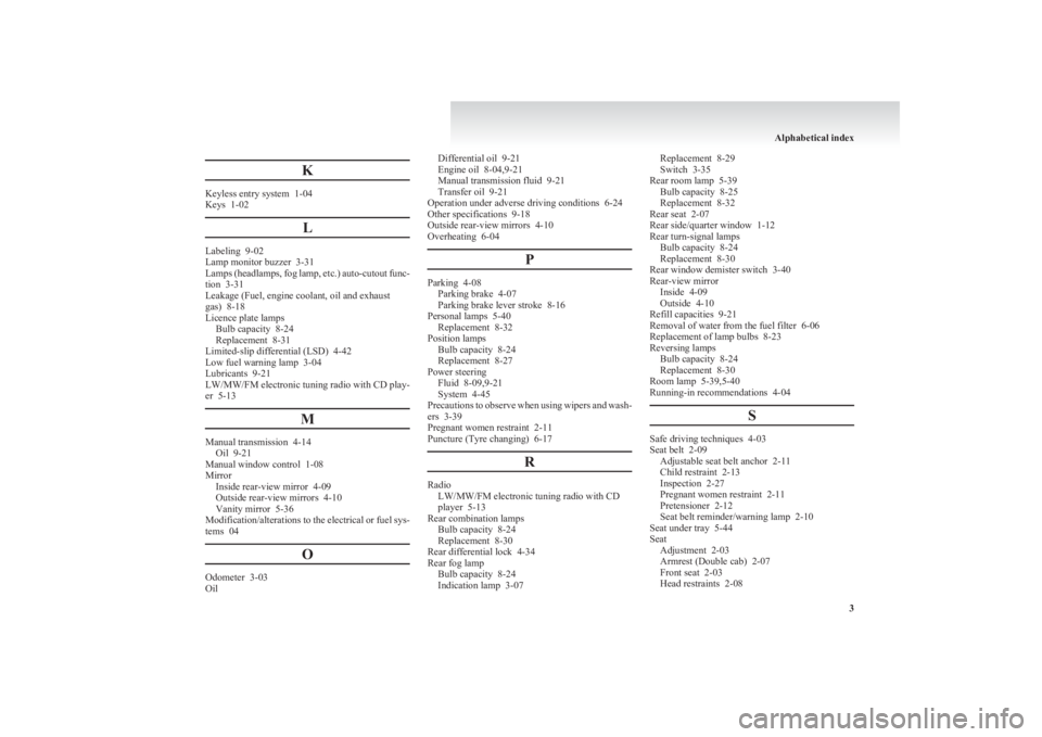 MITSUBISHI L200 2011 Owners Manual (in English) K
Keyless entry system 1-04
Keys 1-02
L
Labeling 9-02
Lamp monitor buzzer 3-31
Lamps (headlamps, fog lamp, etc.) auto-cutout func-
tion 3-31
Leakage (Fuel, engine coolant, oil and exhaust
gas) 8 MITSUBISHI L200 2011 Owners Manual (in English) K
Keyless entry system 1-04
Keys 1-02
L
Labeling 9-02
Lamp monitor buzzer 3-31
Lamps (headlamps, fog lamp, etc.) auto-cutout func-
tion 3-31
Leakage (Fuel, engine coolant, oil and exhaust
gas) 8
