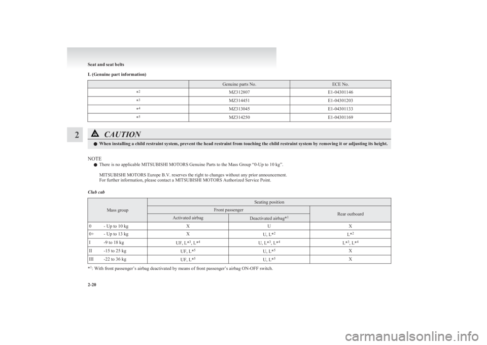 MITSUBISHI L200 2011  Owners Manual (in English) L (Genuine part information) Genuine parts No.ECE No.*2MZ312807E1-04301146*3MZ314451E1-04301203*4MZ313045E1-04301133*5MZ314250E1-04301169CAUTIONl
When installing a child restraint system, prevent the 