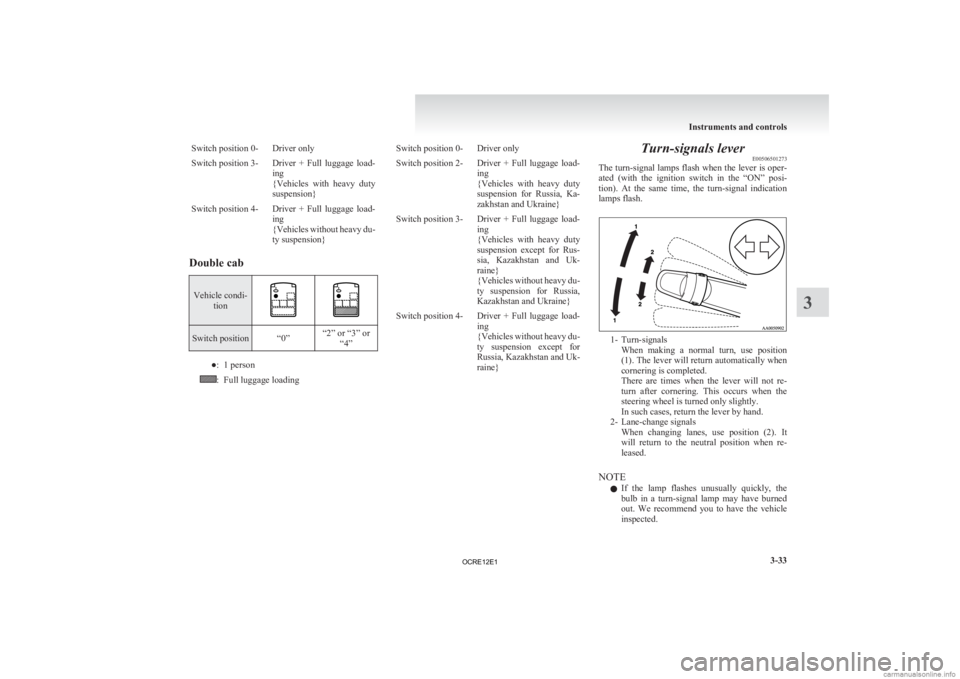 MITSUBISHI L200 2012  Owners Manual (in English) Switch position 0- Driver only
Switch position 3- Driver  +  Full  luggage  load-
ing
{Vehicles 
with  heavy  duty
suspension}
Switch position 4- Driver  +  Full  luggage  load- ing
{Vehicles 

withou