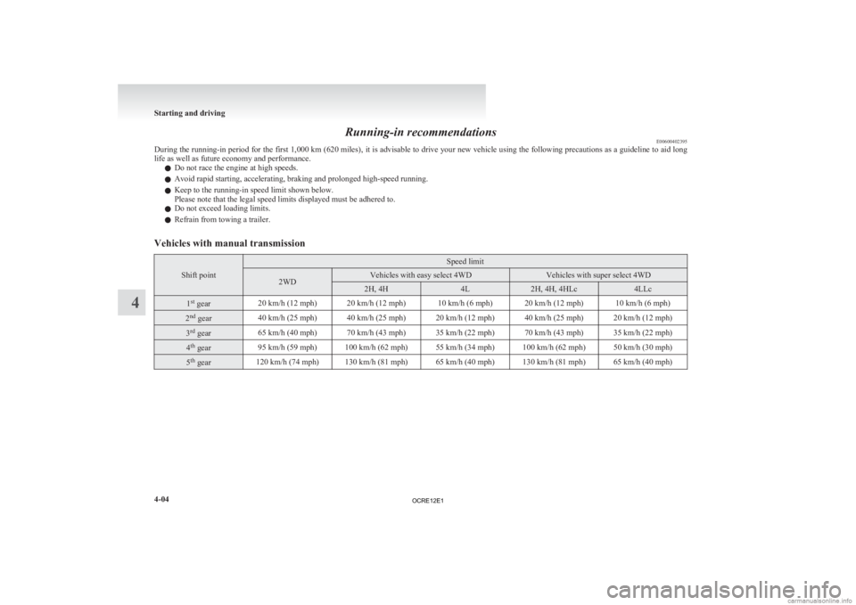 MITSUBISHI L200 2012 Owners Manual (in English) Running-in recommendations
E00600402395
During
the running-in period for the first 1,000 km (620 miles), it is advisable to drive your new vehicle using the following precautions as a guideline to ai MITSUBISHI L200 2012 Owners Manual (in English) Running-in recommendations
E00600402395
During
the running-in period for the first 1,000 km (620 miles), it is advisable to drive your new vehicle using the following precautions as a guideline to ai