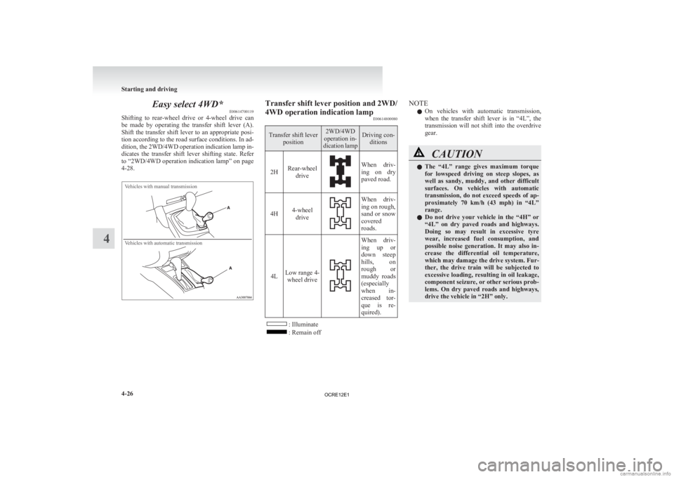 MITSUBISHI L200 2012 Owners Manual (in English) Easy select 4WD*
E00614700119
Shifting
to rear-wheel drive or 4-wheel drive can
be made by operating the transfer shift lever (A).
Shift the transfer shift lever to an appropriate posi- MITSUBISHI L200 2012 Owners Manual (in English) Easy select 4WD*
E00614700119
Shifting
to rear-wheel drive or 4-wheel drive can
be made by operating the transfer shift lever (A).
Shift the transfer shift lever to an appropriate posi-