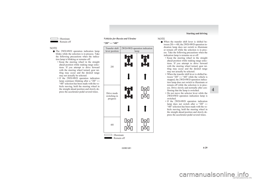 MITSUBISHI L200 2012  Owners Manual (in English) : Illuminate
: Remain off
NOTE l The 
2WD/4WD  operation  indication  lamp
blinks while the selection is in process. Take
the  following  precautions  when  the  indica-
tion lamp is blinking or remai