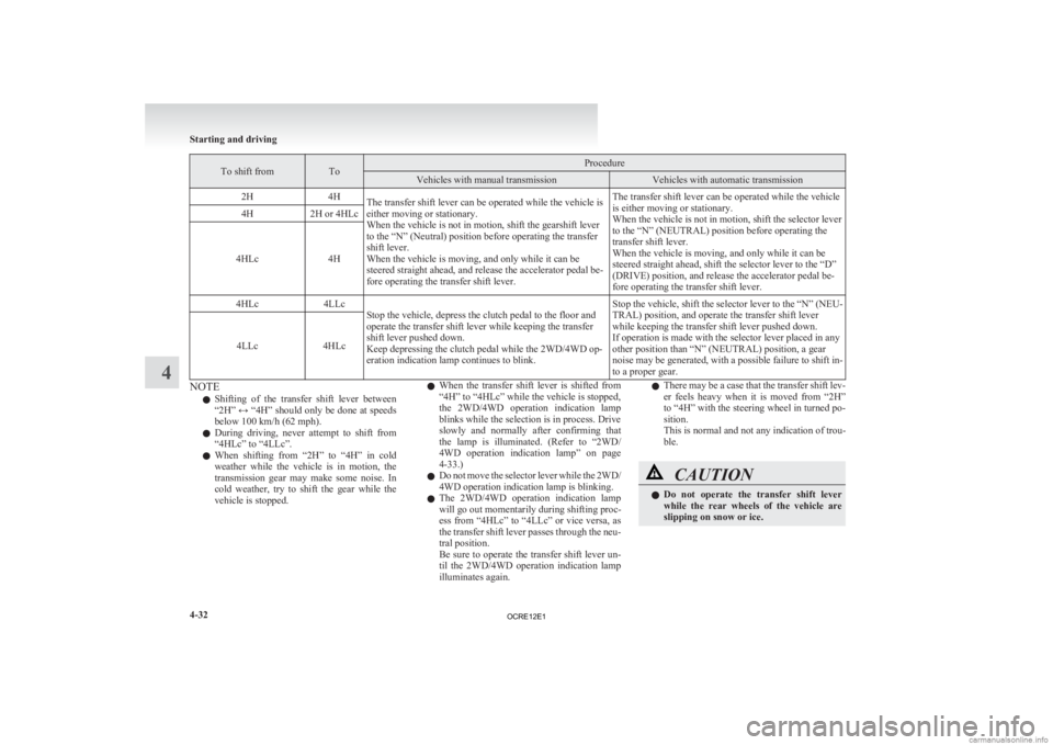 MITSUBISHI L200 2012  Owners Manual (in English) To shift from To Procedure
Vehicles with manual transmission Vehicles with automatic transmission
2H 4H
The transfer shift lever can be operated while the vehicle is
either moving or stationary.
When 