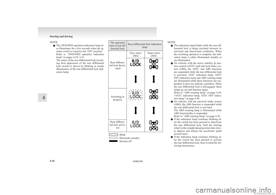 MITSUBISHI L200 2012   (in English) Owners Guide NOTE
l The 
2WD/4WD operation indication lamp al-
so illuminates for a few seconds when the ig-
nition switch is turned to the “ON” position.
Refer  to  “2WD/4WD  operation  indication
lamp” o