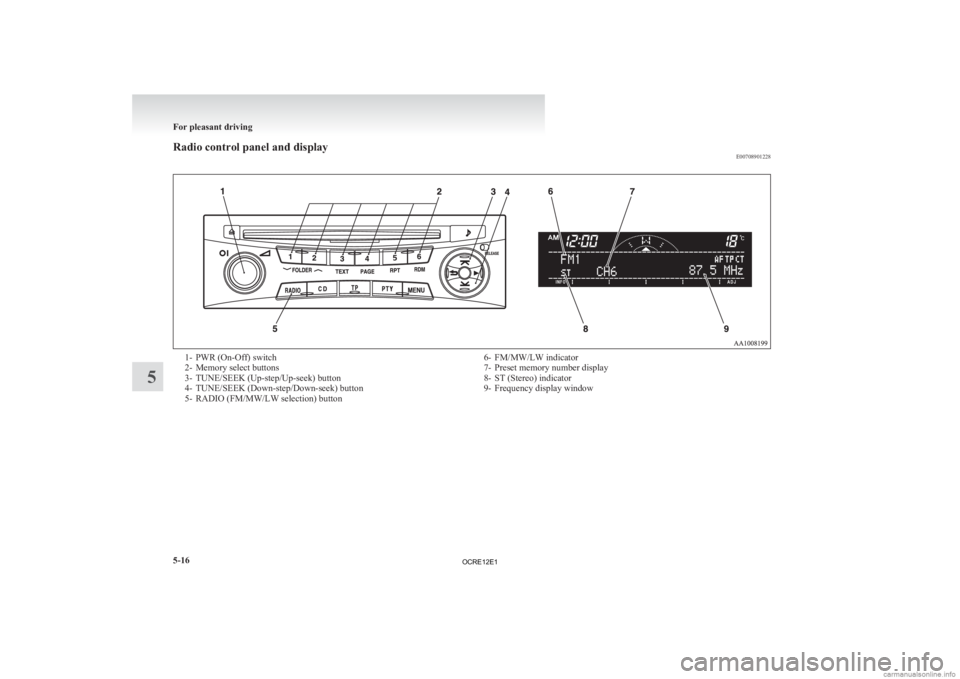 MITSUBISHI L200 2012 Owners Manual (in English) Radio control panel and display
E007089012281- PWR (On-Off) switch
2-
Memory select buttons
3- TUNE/SEEK (Up-step/Up-seek) button
4- TUNE/SEEK (Down-step/Down-seek) button
5- RADIO (FM/MW/LW selection MITSUBISHI L200 2012 Owners Manual (in English) Radio control panel and display
E007089012281- PWR (On-Off) switch
2-
Memory select buttons
3- TUNE/SEEK (Up-step/Up-seek) button
4- TUNE/SEEK (Down-step/Down-seek) button
5- RADIO (FM/MW/LW selection