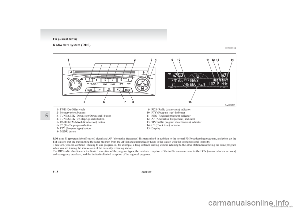 MITSUBISHI L200 2012  Owners Manual (in English) Radio data system (RDS)
E007092004521- PWR (On-Off) switch
2-
Memory select buttons
3- TUNE/SEEK (Down-step/Down-seek) button
4- TUNE/SEEK (Up-step/Up-seek) button
5- RADIO (FM/MW/LW selection) button